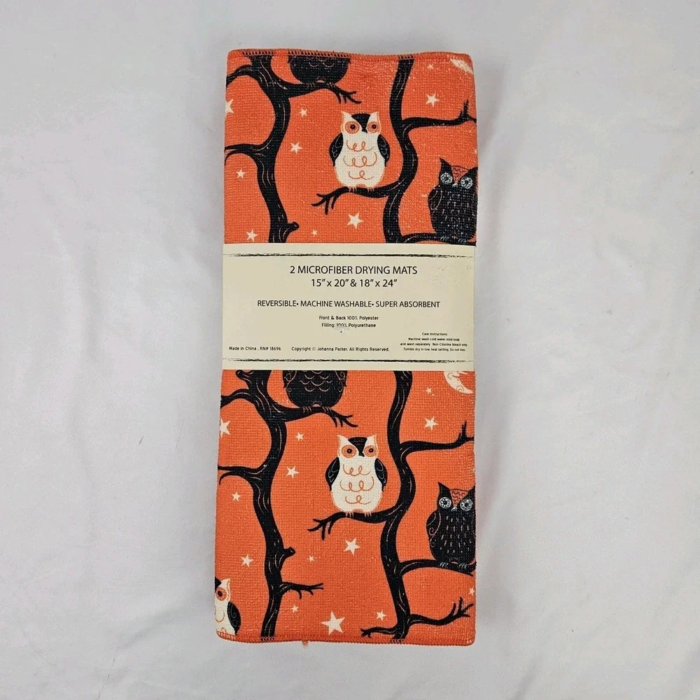 Summerween Owl Drying Mat Set of 2 Orange Microfiber NEW Joanna Parker Decor